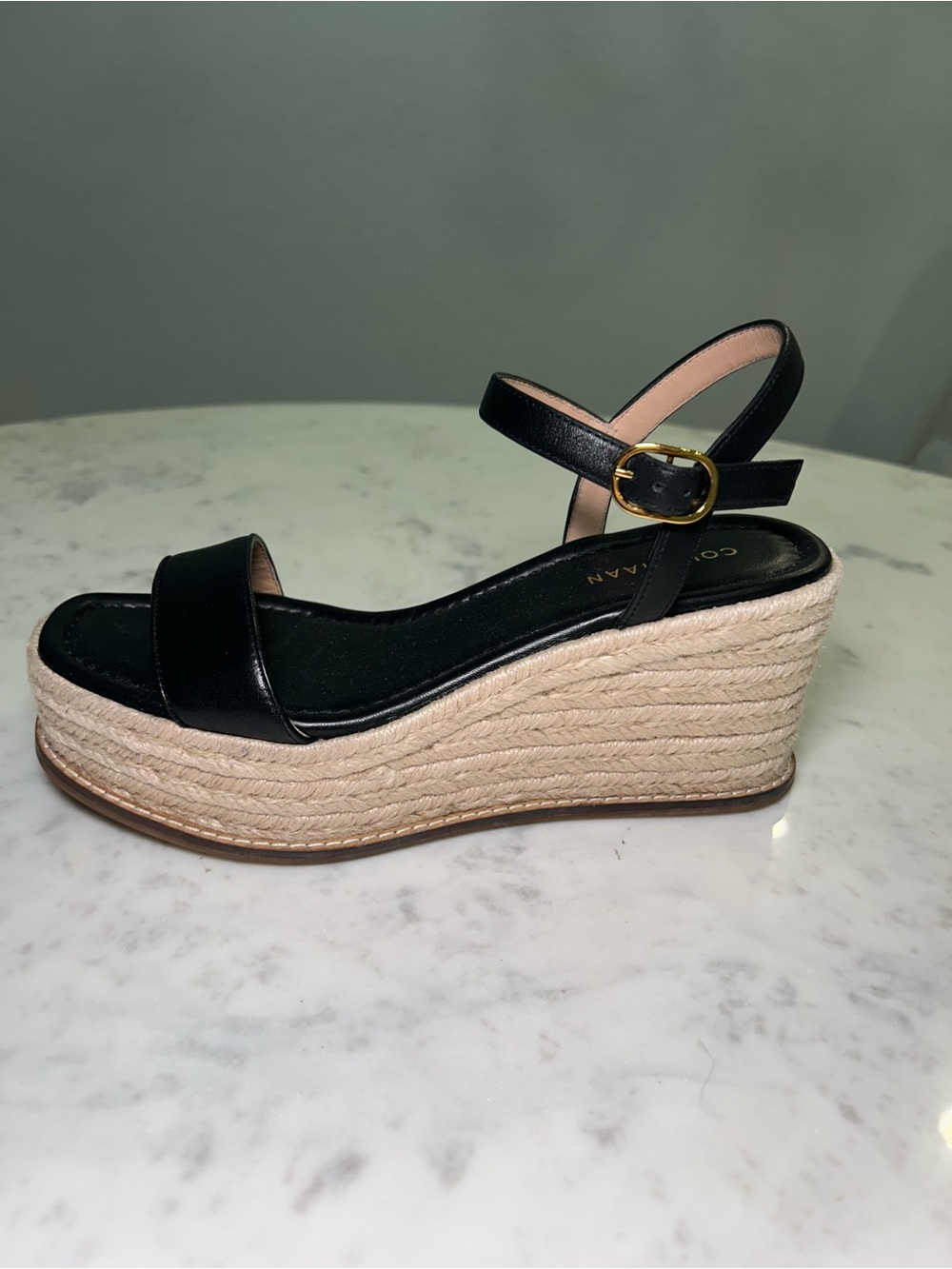 Cole Haan Black Leather Espadrille Wedge Sandals with Gold Buckle